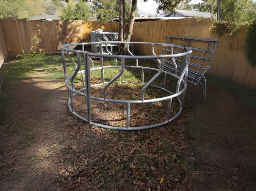Heavy-duty hay rings for livestock feeding, compatible with Florida panels and gates and farm enclosure systems.